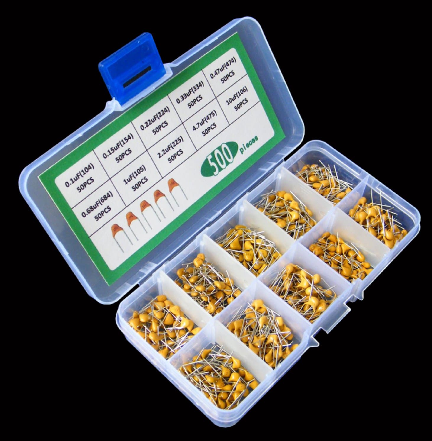 500pcs 0.1uF-10uF Ceramic Capacitors Kit